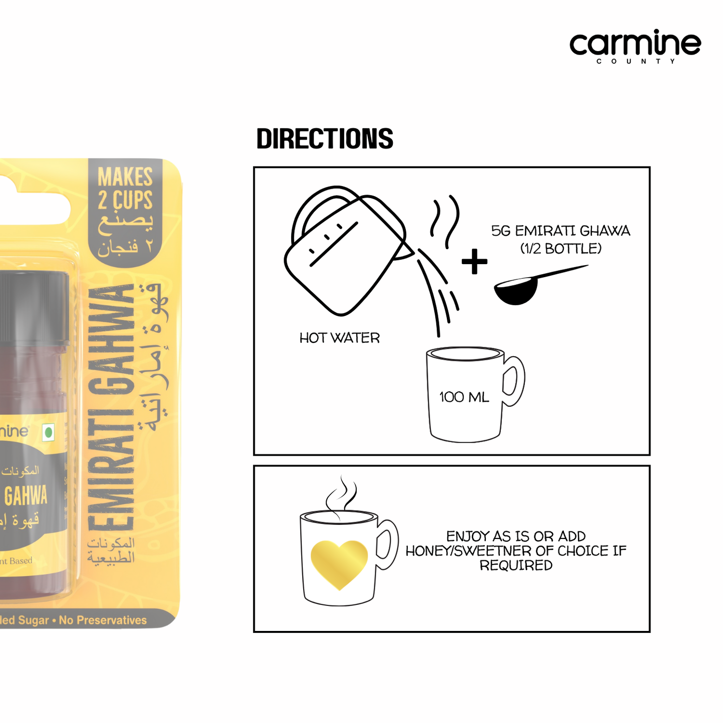 Carmine County Emirati Gahwa Extract, Zero Sugar, 10g – Makes 2 Cups (100ml Each) – Instant Traditional Arabic Coffee – 100% Natural, No Preservatives, Just Add Hot Water