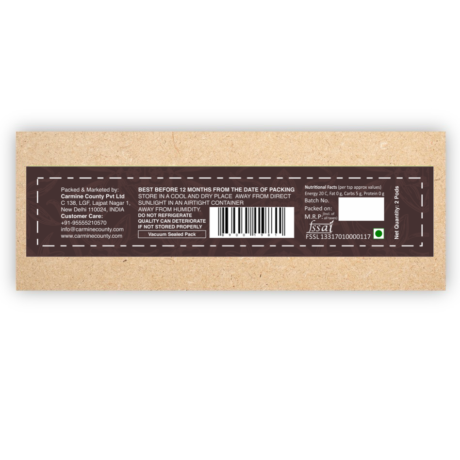 Carmine County All Natural Indian Vanilla Beans (2 Pods) Vacuum Sealed