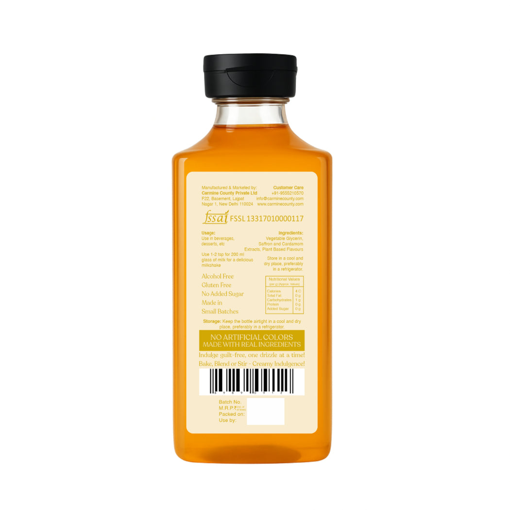 Zero Sugar Creamy Kesar Elaichi Syrup - Natural, Plant-Based, No Artificial Sweeteners, Clean Label Indian Dessert Syrup, 330 g