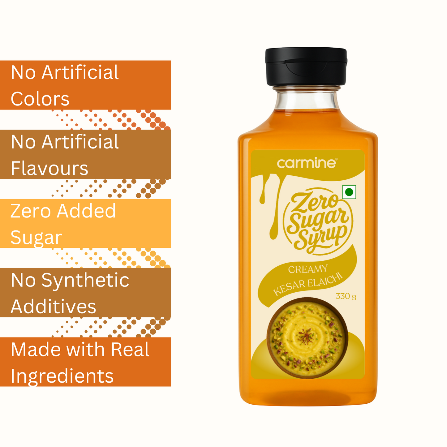 Zero Sugar Creamy Kesar Elaichi Syrup - Natural, Plant-Based, No Artificial Sweeteners, Clean Label Indian Dessert Syrup, 330 g