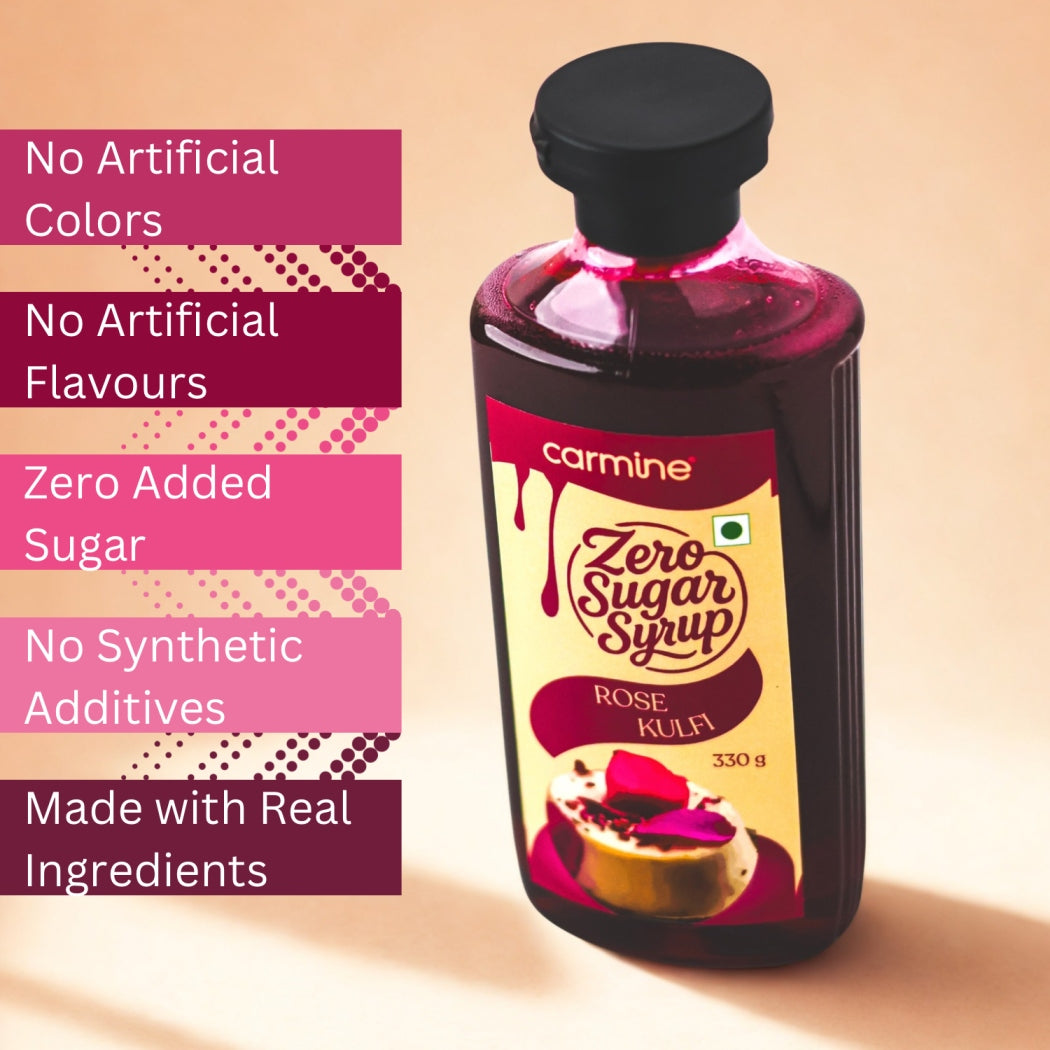 Zero Sugar Rose Kulfi Syrup - Natural, Plant-Based, No Artificial Sweeteners, Clean Label Indian Dessert Syrup, 330 g