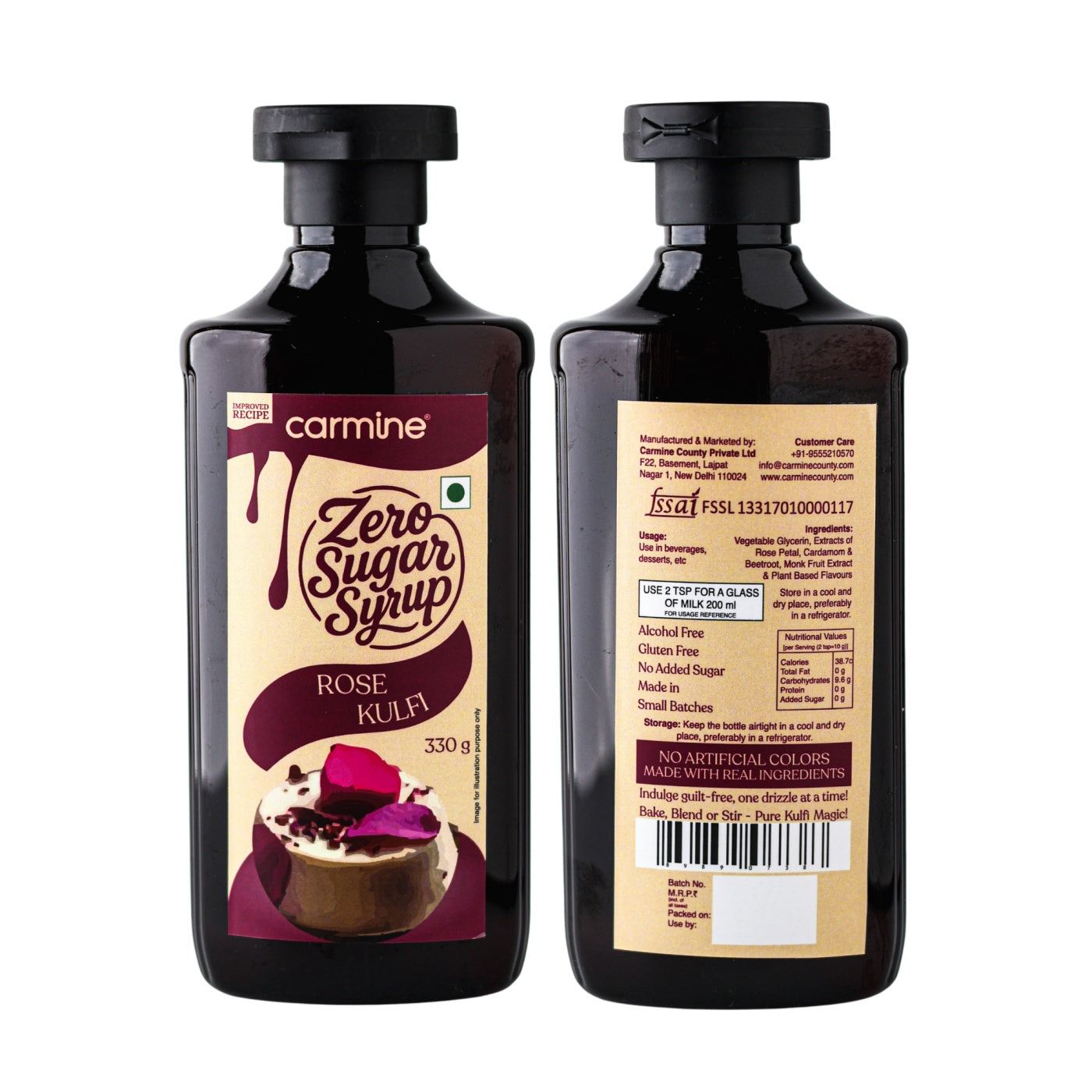Zero Sugar Rose Kulfi Syrup - Natural, Plant-Based, Sweetened with Pure Monk Fruit, Clean Label Indian Dessert Syrup, 330 g