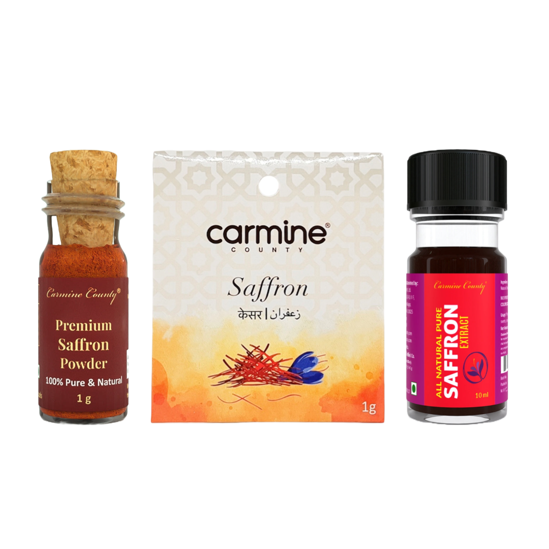 Carmine County Combo of Pure and Natural Premium Saffron Threads, Powder and Extract