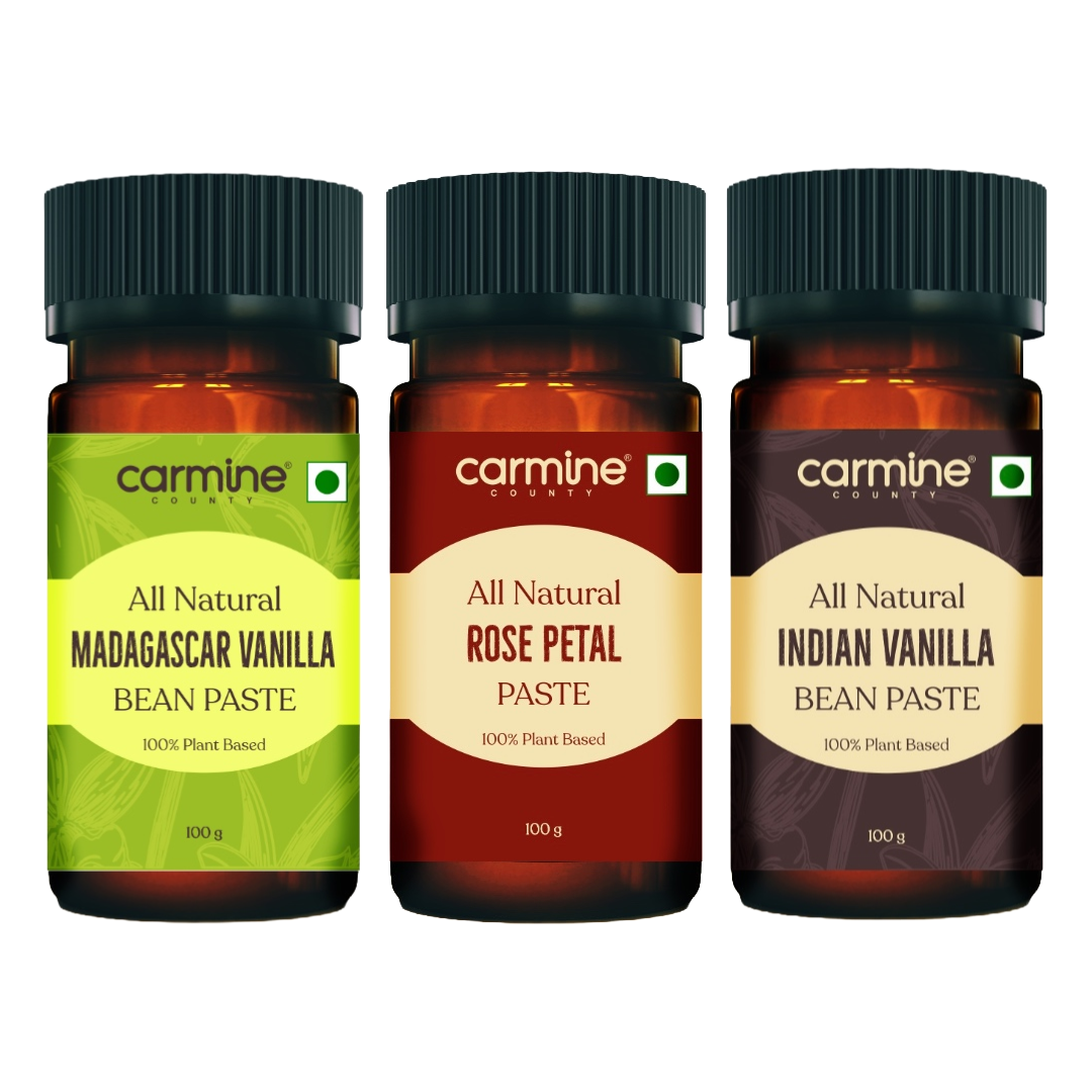 Carmine County Natural Flavor Trio: Indian Vanilla Bean Paste, Madagascar Vanilla Bean Paste and Rose Petal Paste 100 g each