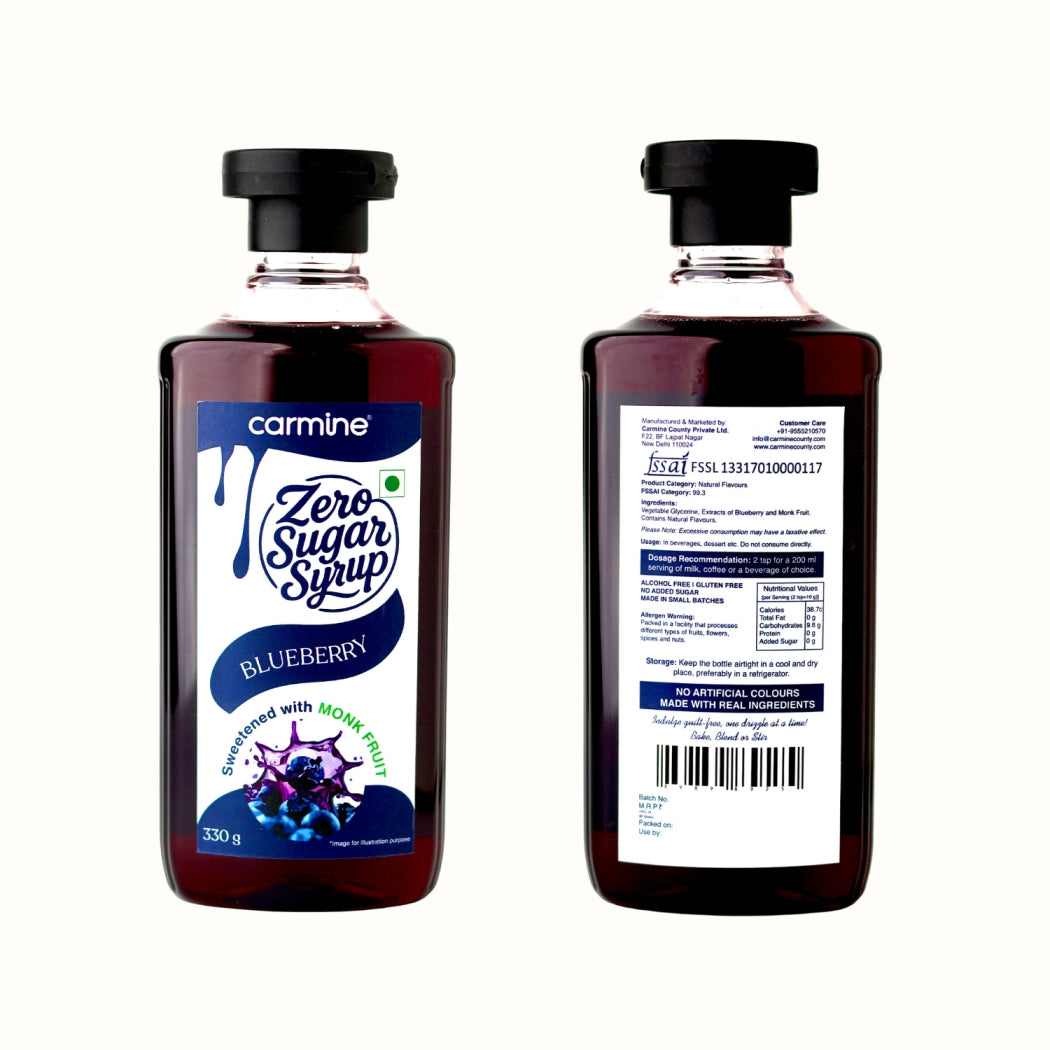 Zero Sugar Blueberry Syrup - Natural, Plant-Based, Sweetened with Pure Monk Fruit, Natural, Preservative-Free, No Artificial Flavours 330 g
