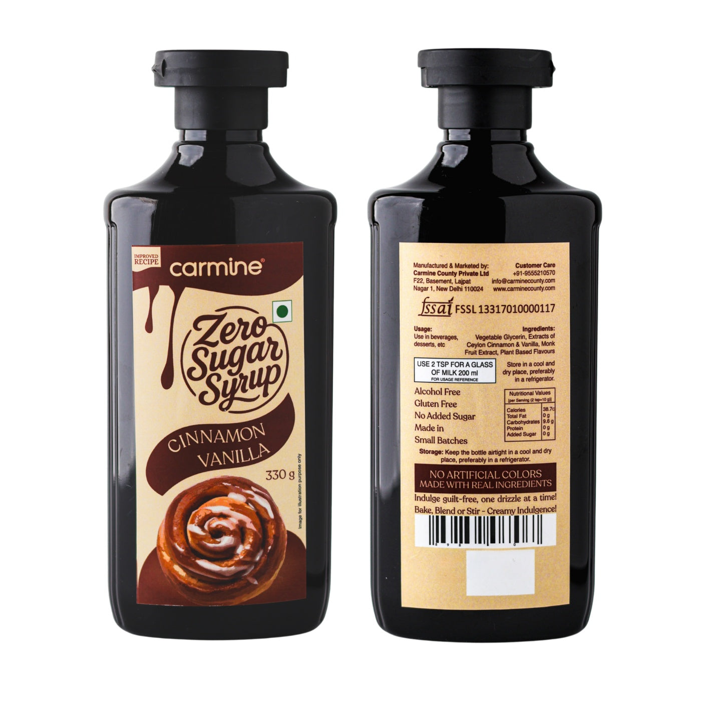 Zero Sugar Cinnamon Vanilla Syrup - Natural, Plant-Based, Sweetened with Pure Monk Fruit, Clean Label, 330 g