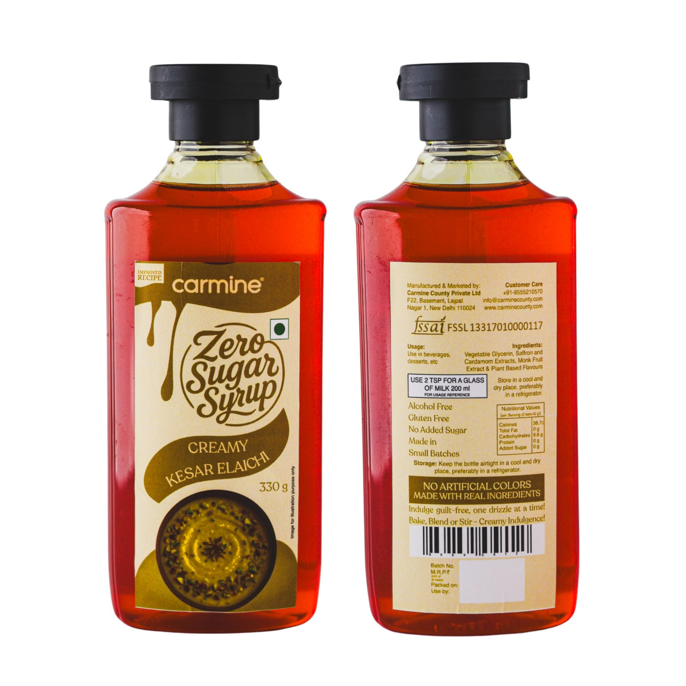 Zero Sugar Creamy Kesar Elaichi Syrup - Natural, Plant-Based, Sweetened with Pure Monk Fruit, Clean Label Indian Dessert Syrup, 330 g