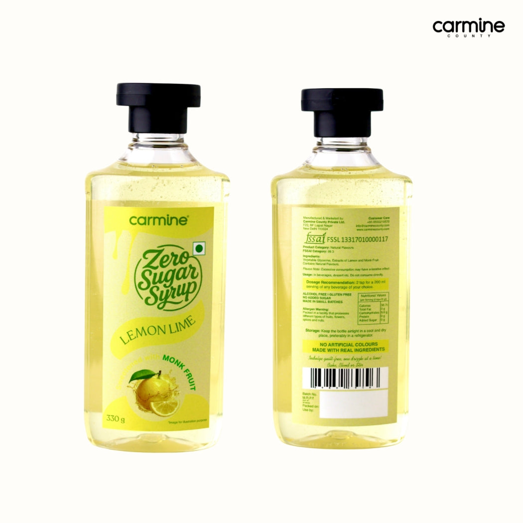 Zero Sugar Lemon Lime Syrup - Natural, Plant-Based, Sweetened with Pure Monk Fruit, Natural, Preservative-Free, No Artificial Flavours 330 g