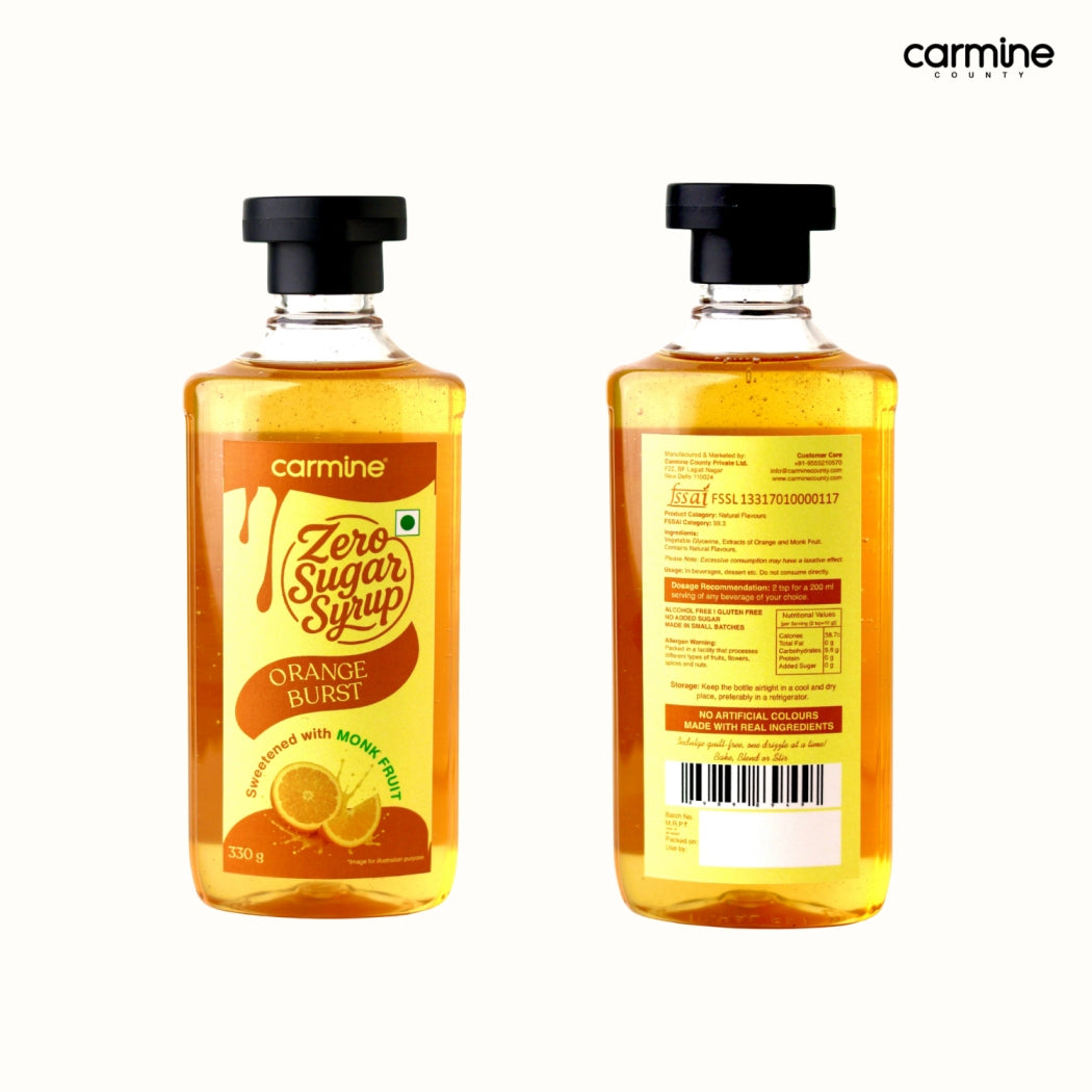 Zero Sugar Orange Burst Syrup - Natural, Plant-Based, Sweetened with Pure Monk Fruit, Natural, Preservative-Free, No Artificial Flavours 330 g