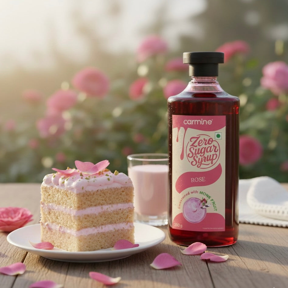 Zero Sugar Rose Syrup - Natural, Plant-Based, Sweetened with Pure Monk Fruit, Clean Label Indian Dessert Syrup, 330 g