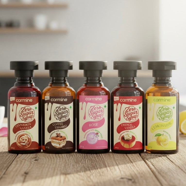 Zero Sugar Syrups - Combo of 5 Syrups (French Vanilla, Cinnamon Vanilla, Coffee Tiramisu, Rose and Lemon Lime), 60 g each