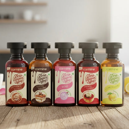 Zero Sugar Syrups - Combo of 5 Syrups (French Vanilla, Cinnamon Vanilla, Coffee Tiramisu, Rose and Lemon Lime), 60 g each