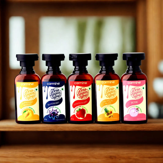 Zero Sugar Syrups - Combo of 5 Syrups (Alphonso Mango, Blueberry, Strawberry, Tropical Bliss and Rose), 60 g each