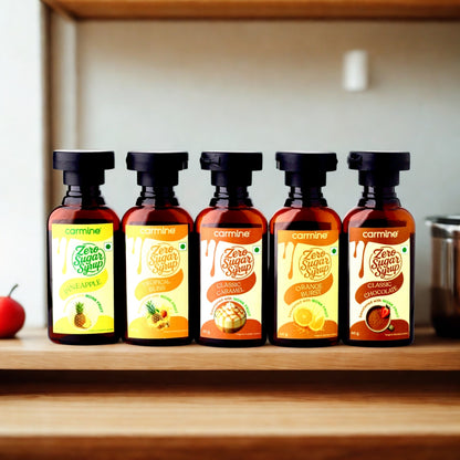Zero Sugar Syrups - Combo of 5 Syrups (Pineapple, Tropical Bliss, Classic Caramel, Classic Chocolate and Orange Burst), 60 g each