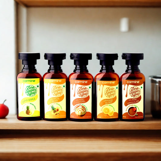 Zero Sugar Syrups - Combo of 5 Syrups (Pineapple, Tropical Bliss, Classic Caramel, Classic Chocolate and Orange Burst), 60 g each