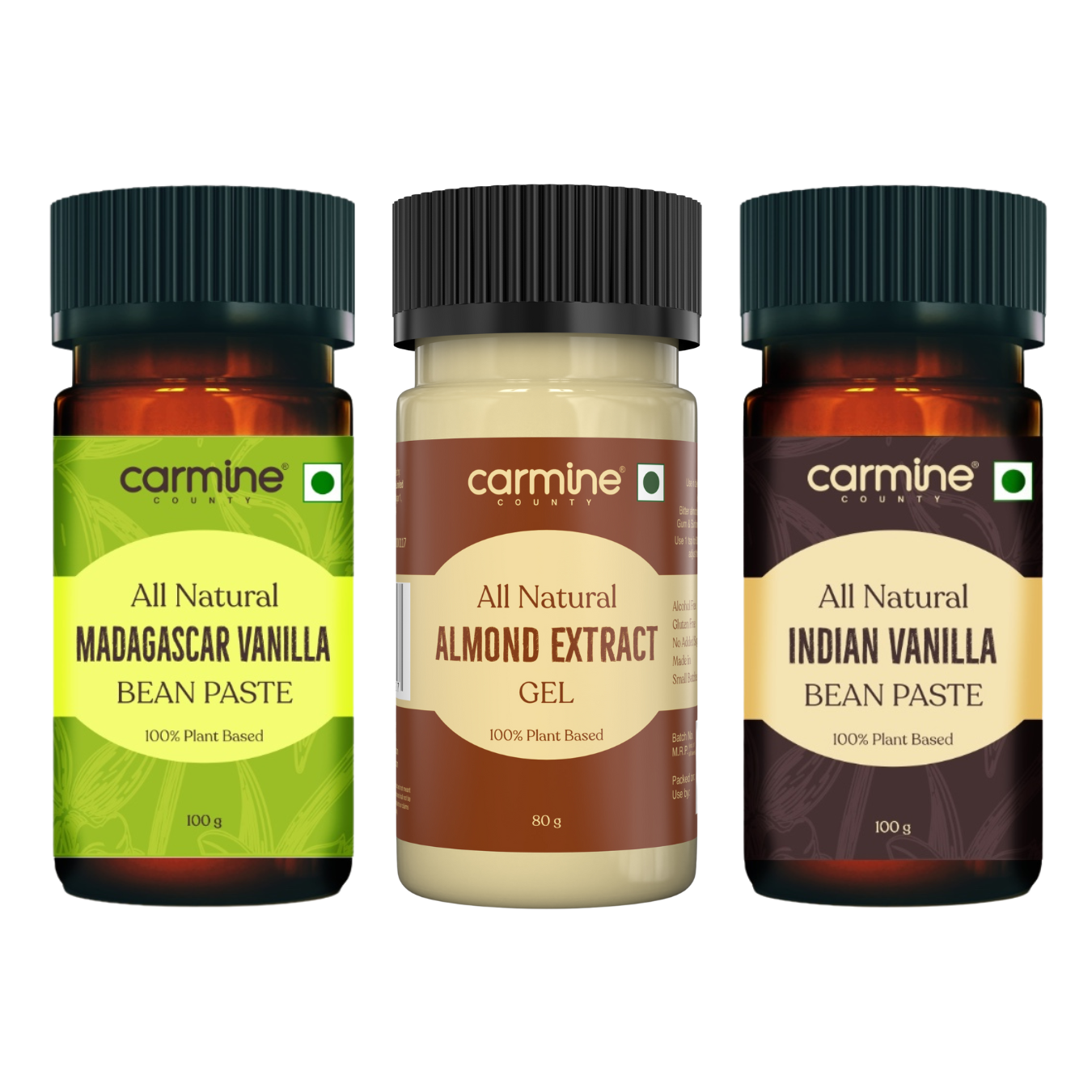 Carmine County Gourmet Trio: Indian Vanilla Bean Paste, Madagascar Vanilla Bean Paste and Thick Almond Extract