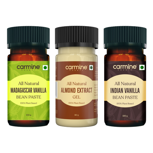 Carmine County Gourmet Trio: Indian Vanilla Bean Paste, Madagascar Vanilla Bean Paste and Thick Almond Extract