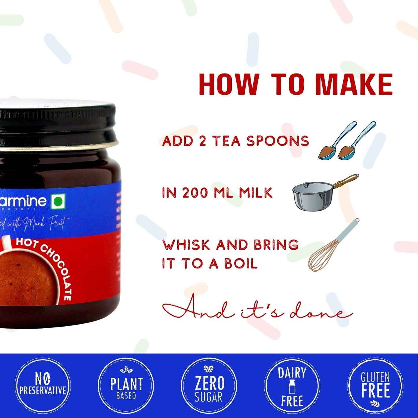 Zero Sugar Hot Chocolate, Sweetened with Monk Fruit, Zero Artificial Colors or Flavours, Made with coverture grade Cocoa