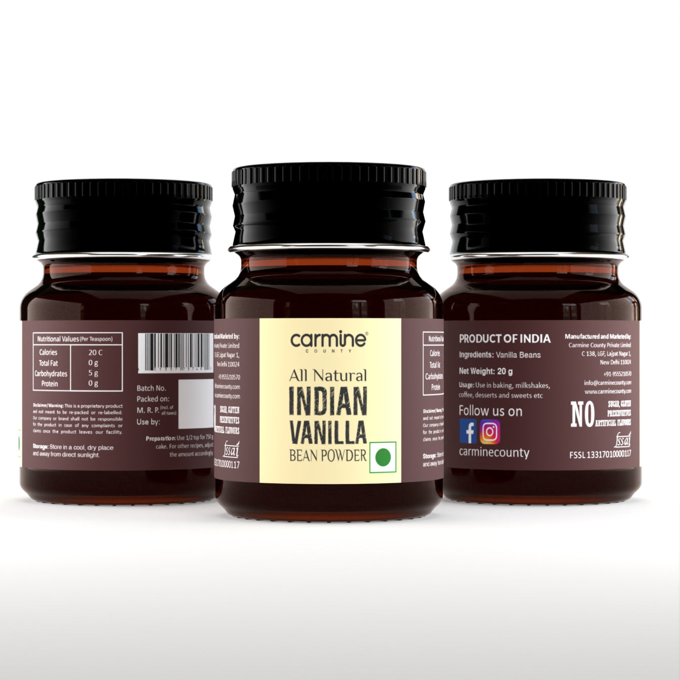 Carmine County All Natural Indian Vanilla Bean Powder 20 g